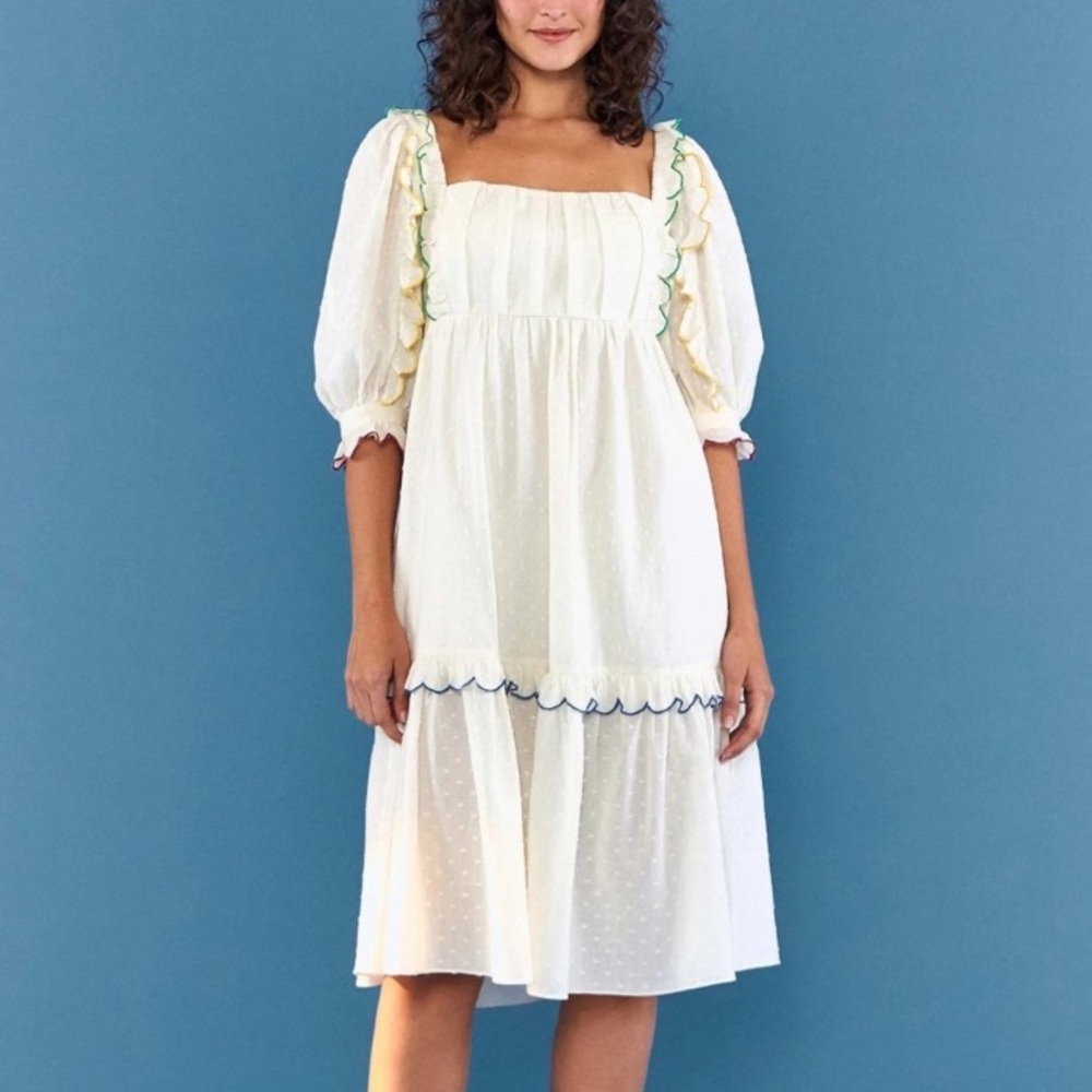 Farm RIO Off-White Textured Puff Sleeve Midi Dress NWT XS ruffled tiered